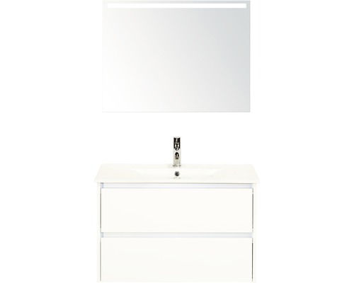 Koupelnový nábytkový set Dante 80 cm s keramickým umyvadlem bílá vysoce lesklá a zrcadlem s LED osvětlením