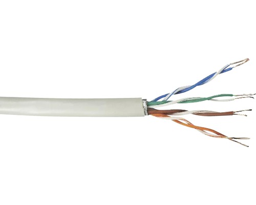 Datový kabel CAT 5e 4x2x24AWG 200MHz, metrážové zboží Detailní záběr rozebraného síťového kabelu s obnaženými vodiči