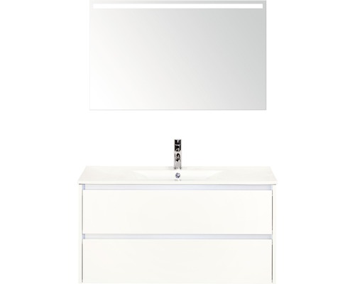 Koupelnový nábytkový set Dante 100 cm s keramickým umyvadlem bílá vysoce lesklá a zrcadlem s LED osvětlením