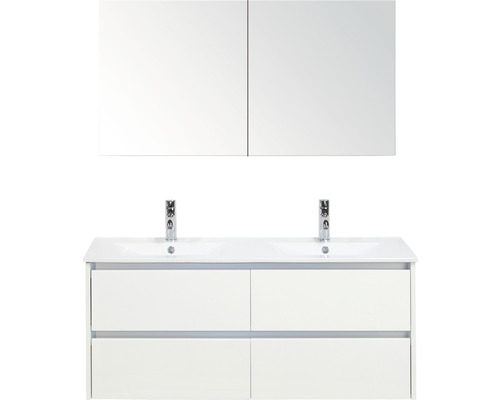 Koupelnový nábytkový set Dante 120 cm s keramickým dvojitým umyvadlem bílá vysoce lesklá a zrcadlovou skříňkou Koupelnový nábytkový set Dante 120 cm s keramickým dvojitým umyvadlem bílá vysoce lesklá a zrcadlovou skříňkou