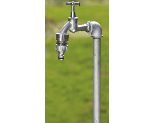Kovový zahradní výtokový kohoutek s vodovodním kohoutkem a hadicovou přípojkou