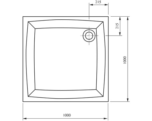 Technický výkres sprchové vaničky s rozměry 1000 x 1000 mm