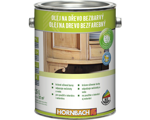 Olej na dřevo Hornbach bezbarvý 2,5 l ekologicky šetrné Bezbarvý olej na dřevo v plechovce, vhodný pro vnitřní i venkovní použití, Logo Hornbach