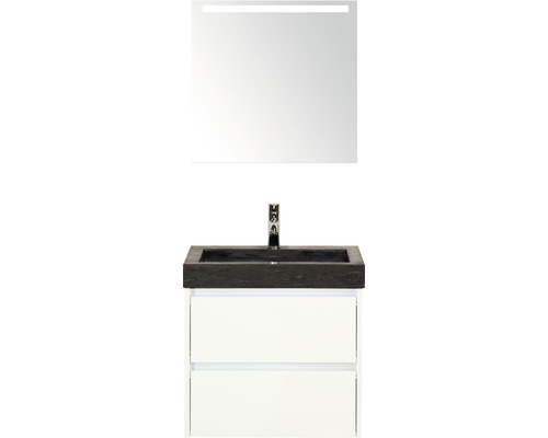 Koupelnový nábytkový set Dante 60 cm s umyvadlem z přírodního kamene a zrcadlem s LED osvětlením bílá vysoce lesklá