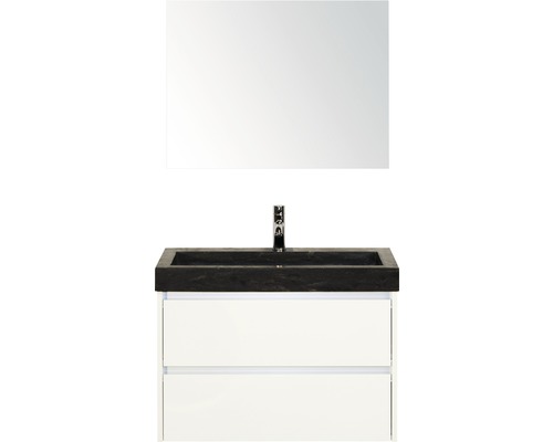 Koupelnový nábytkový set Dante 80 cm s umyvadlem z přírodního kamene a zrcadlem bílá vysoce lesklá