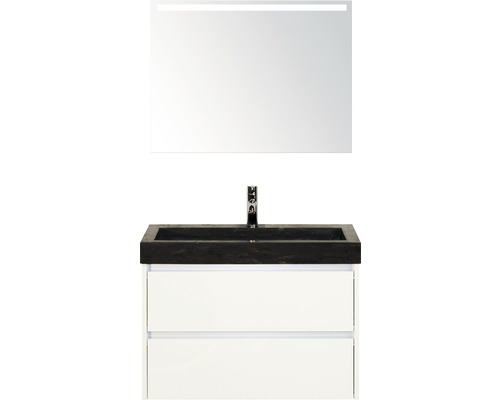 Koupelnový nábytkový set Dante 80 cm s umyvadlem z přírodního kamene a zrcadlem s LED osvětlením bílá vysoce lesklá