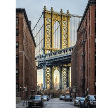 Pohled na Manhattan Bridge mezi cihlovými budovami v New Yorku