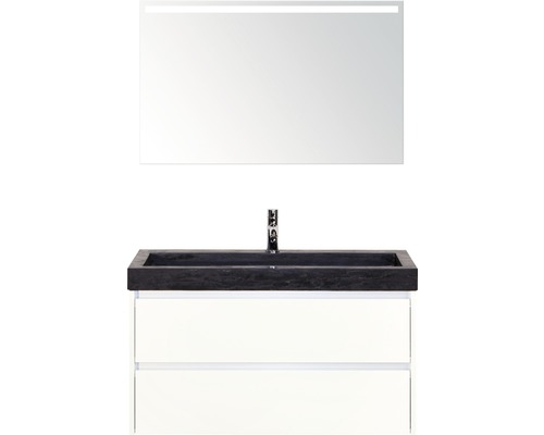 Koupelnový nábytkový set Dante 100 cm s umyvadlem z přírodního kamene a zrcadlem s LED osvětlením bílá vysoce lesklá