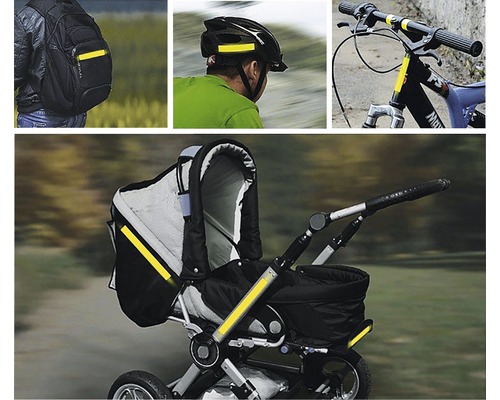 Příklady použití bezpečnostních odrazek na batohu, cyklistické přilbě, kole a kočárku