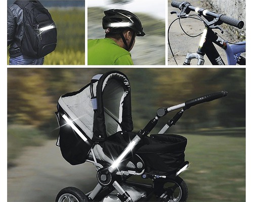 Reflexní bezpečnostní pásky na batohu, cyklistické helmě, kole a kočárku pro lepší viditelnost.