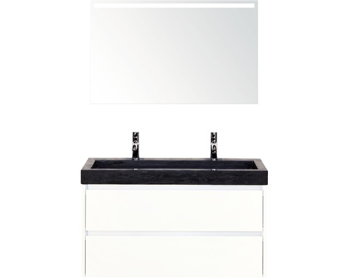 Koupelnový nábytkový set Dante 100 cm s umyvadlem z přírodního kamene 2 otvory na kohouty a zrcadlem s LED osvětlením bílá vysoce lesklá