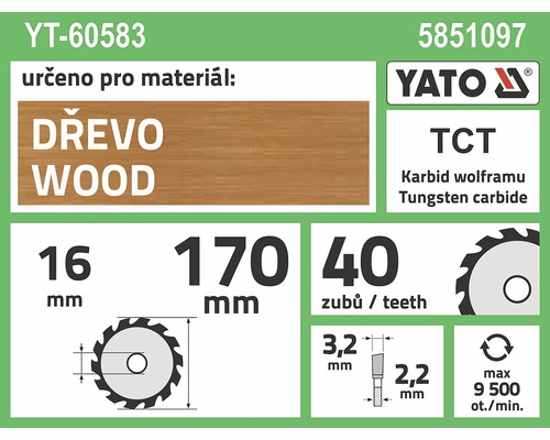 Pilový kotouč Yato na dřevo, průměr 170 milimetrů, 40 zubů