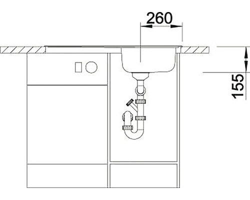 Nákres skříňky pod dřez s rozměry 260 a 155 milimetrů.
