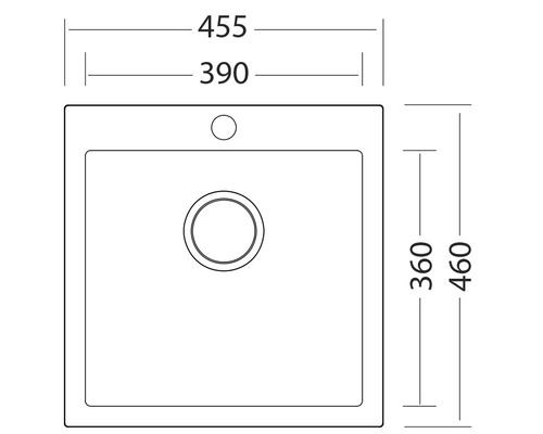 Technický výkres dřezu s rozměry: šířka 455 mm, hloubka 460 mm, umístění umyvadla vlevo.