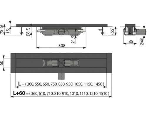 Technický výkres sprchového žlabu s rozměry