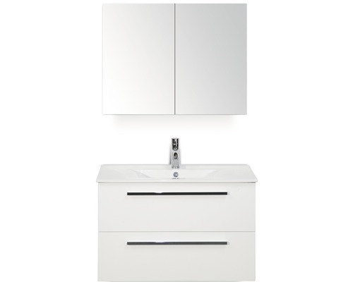 Koupelnový nábytkový set Seville 80 cm s keramickým umyvadlem Model 1 a zrcadlovou skříňkou bílá vysoce lesklá