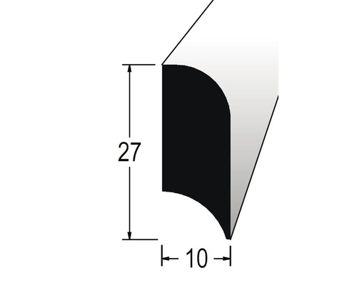 Podlahová lišta nastavovaná 10 x 27 x 2400 mm dub Technický nákres čtvrtkruhové ozdobné lišty s rozměry 27 a 10.