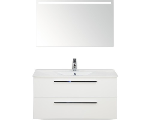 Koupelnový nábytkový set Seville 100 cm s keramickým umyvadlem Model 1 a zrcadlem s LED osvětlením bílá vysoce lesklá