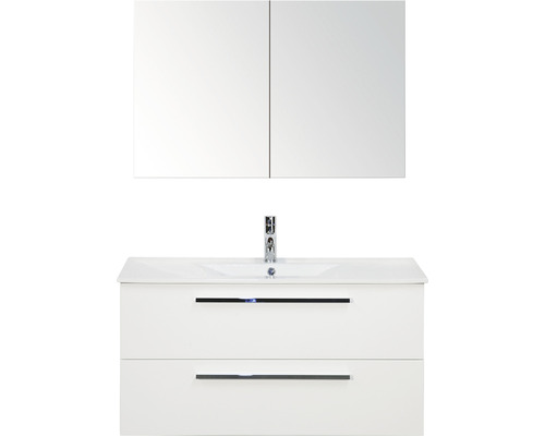 Koupelnový nábytkový set Seville 100 cm s keramickým umyvadlem Model 1 a zrcadlovou skříňkou bílá vysoce lesklá