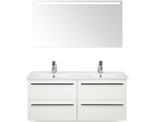 Koupelnový nábytkový set Seville 120 cm s dvojitým umyvadlem a zrcadlem s LED osvětlením keramika bílá vysoce lesklá 81709101