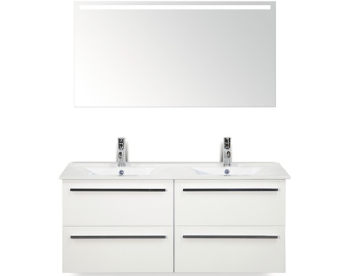 Koupelnový nábytkový set Seville 120 cm s dvojitým umyvadlem a zrcadlem s LED osvětlením keramika bílá vysoce lesklá 81709101 Koupelnový nábytkový set Seville 120 cm s dvojitým umyvadlem a zrcadlem s LED osvětlením keramika bílá vysoce lesklá 81709101