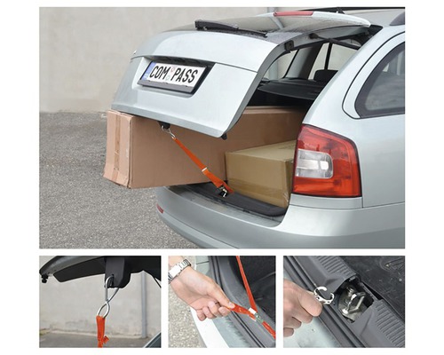 Upevňovací popruh na autě k zajištění krabic v kufru