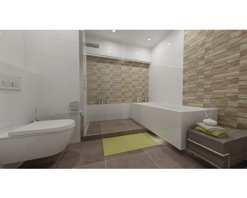 Moderní koupelna s toaletou, vanou a kamennou zdí