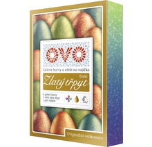 Sada barev na vajíčka s gelovými barvami a efektem zlatých třpytek v balení.