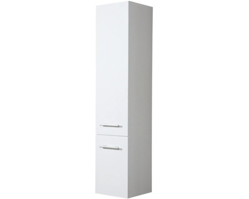 Bílá koupelnová vysoká skříňka se dvěma zásuvkami a úchyty
