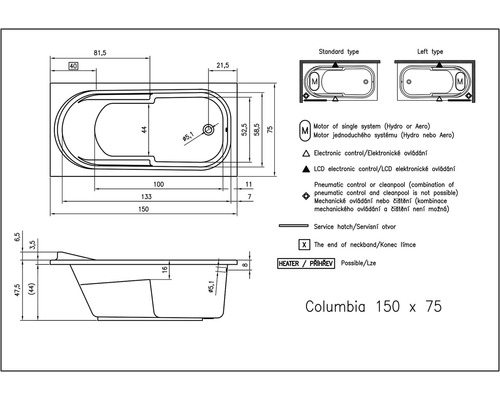 Technický nákres vany Columbia 150 x 75 s rozměry