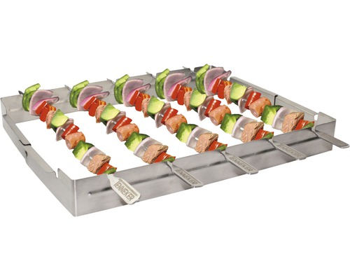 Držák grilovacích jehel z nerezové oceli se špízy ze zeleniny a masa