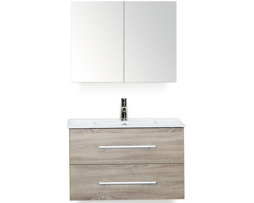 Koupelnový nábytkový set Stretto 80 cm s keramickým umyvadlem a zrcadlovou skříňkou dub šedý