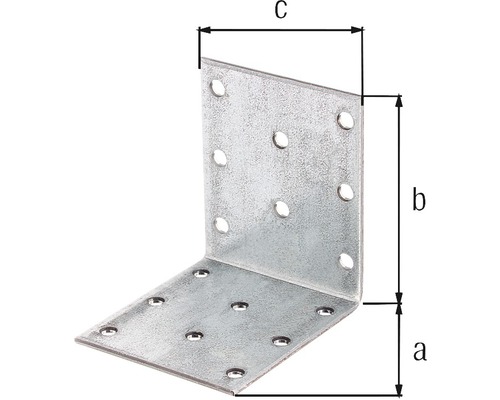 Rohový spojovací prvek s rozměry a, b a c.