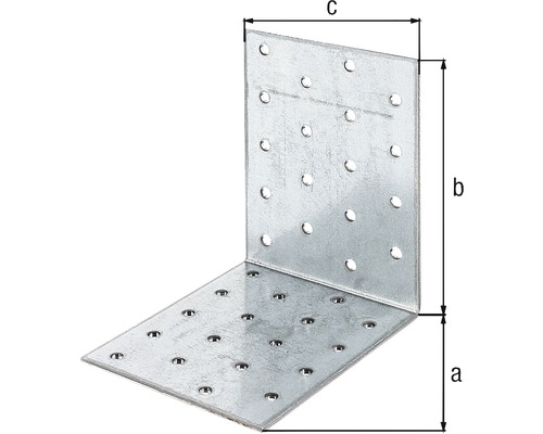 Úhelník s otvory a rozměry a, b a c.