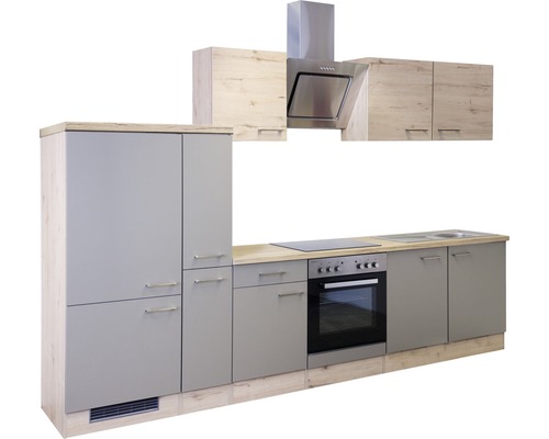 Kuchyňská linka s horními skříňkami, digestoří, sporákem a dřezem