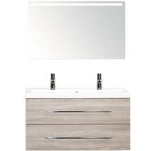 Koupelnový nábytkový set Straight 100 cm s umyvadlem 2 otvory na kohouty a zrcadlem s LED osvětlením dub šedý