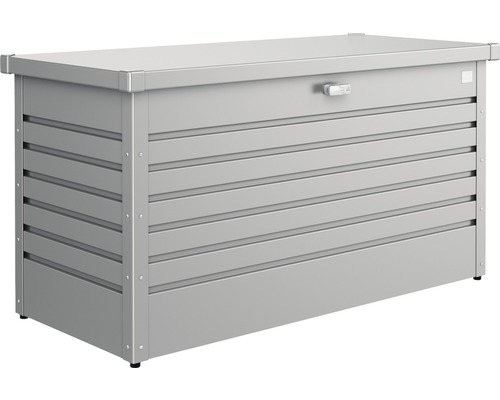 Zahradní box na polstry Biohort 130, 134 x 62 x 71 cm šedý křemen metalický Kovová úložná bedna s vodorovnými liniemi a zámkem