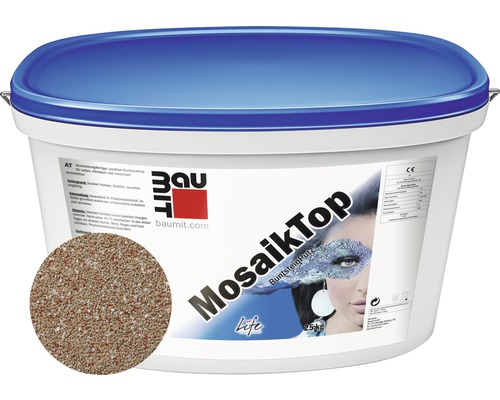 Tenkovrstvá omítka Baumit MosaikTop Essential Line 25 kg M309 Kbelík mozaikové omítky připravené k použití s ukázkovou strukturou
