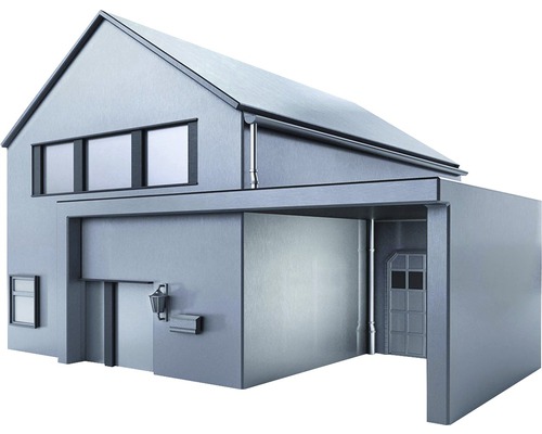 Pohled na moderní dům s garáží a zahradou