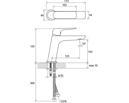 Technický nákres vodovodní baterie s rozměry