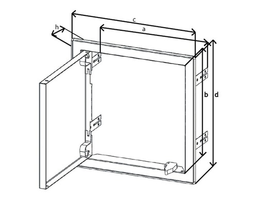Technický výkres revizní skříňky s dvířky a rozměry