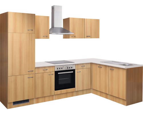 Kuchyňská linka s dřezem, varnou deskou, troubou, digestoří a horními skříňkami.