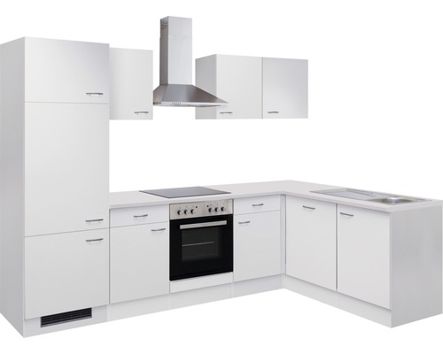 Kompletní bílá vestavná kuchyně s dřezem, sporákem, troubou, digestoří a skříňkami