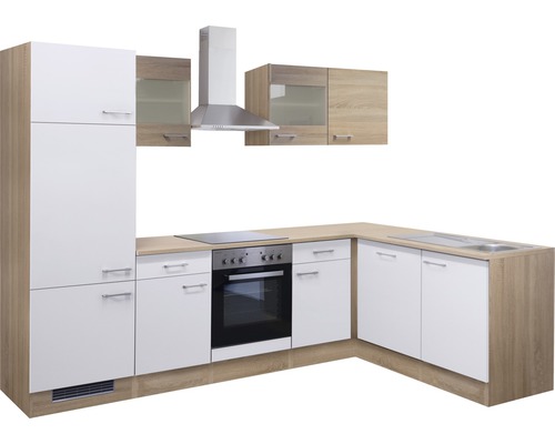 Kuchyňská linka s dřezem, sporákem, digestoří a závěsnými skříňkami