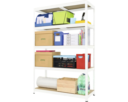 Čtyřpatrový bílý kovový regál s různými úložnými boxy a kancelářskými potřebami