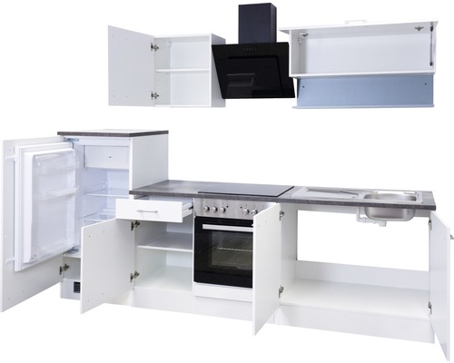 Kuchyňská linka s lednicí, dřezem, sporákem, troubou a digestoří