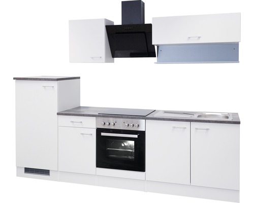 Kuchyňská linka se spodními skříňkami, dřezem, sporákem a odsavačem par