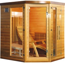 Dřevěná sauna s prosklenými dveřmi a prvky k sezení