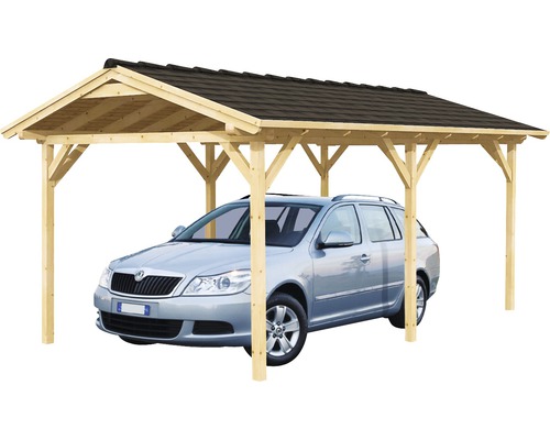Otevřený dřevěný přístřešek pro auto se střechou a autem