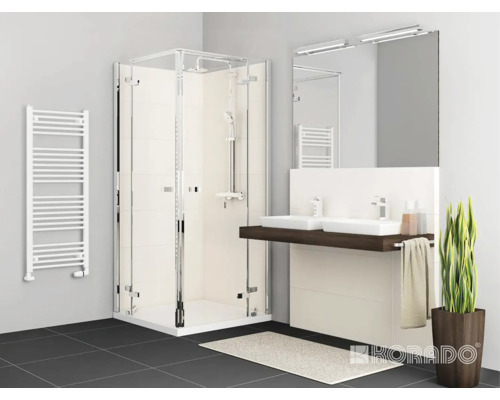 Koupelnový radiátor Korado Koralux Linear Classic 700x450 mm 367 W Moderní koupelna se sprchovým koutem, umyvadlem, zrcadlem a topným žebříkem